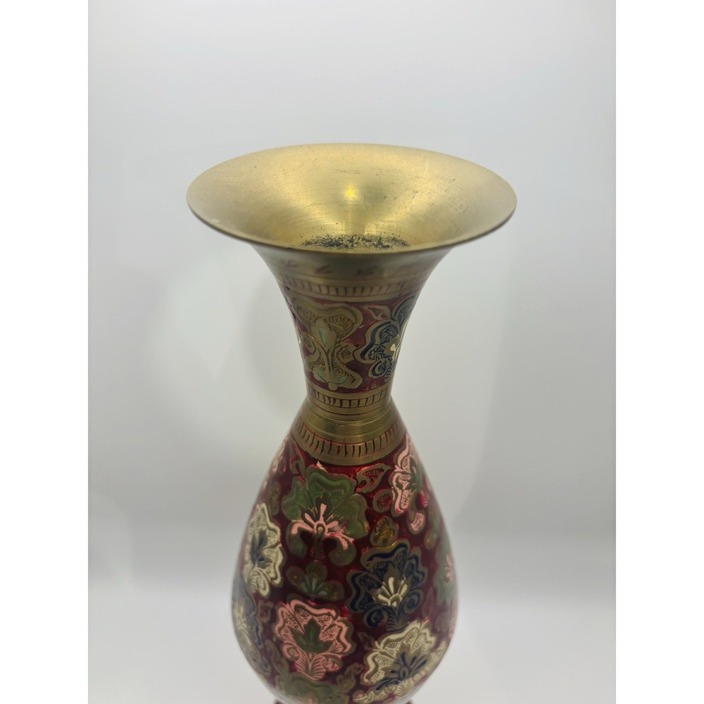 Vintage Indian Brass Vase Ornate Enameled Etched Floral Boho Red Green Gold - Picture 3 of 8